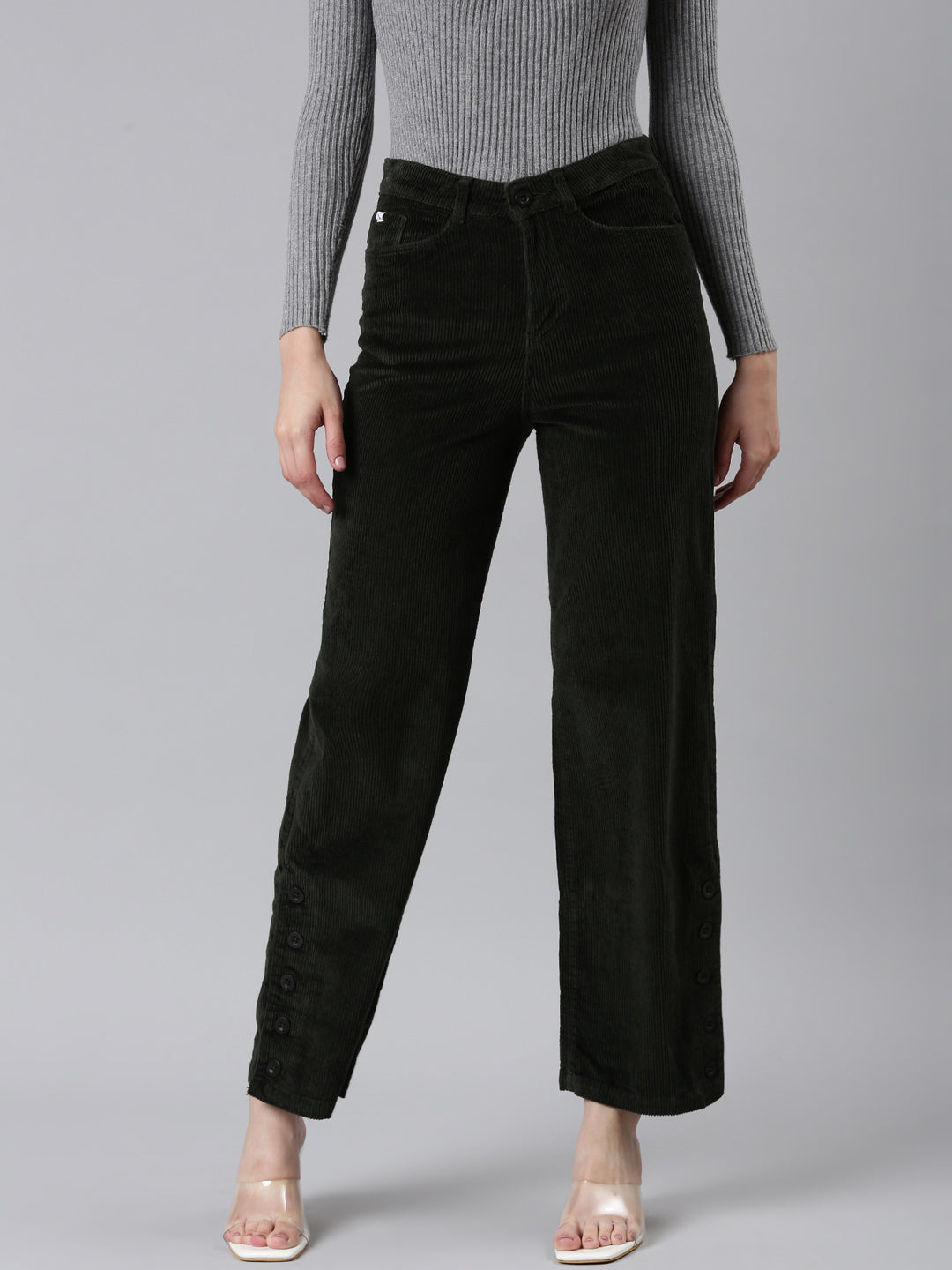 Women's Olive Straight Fit High-Rise Trousers