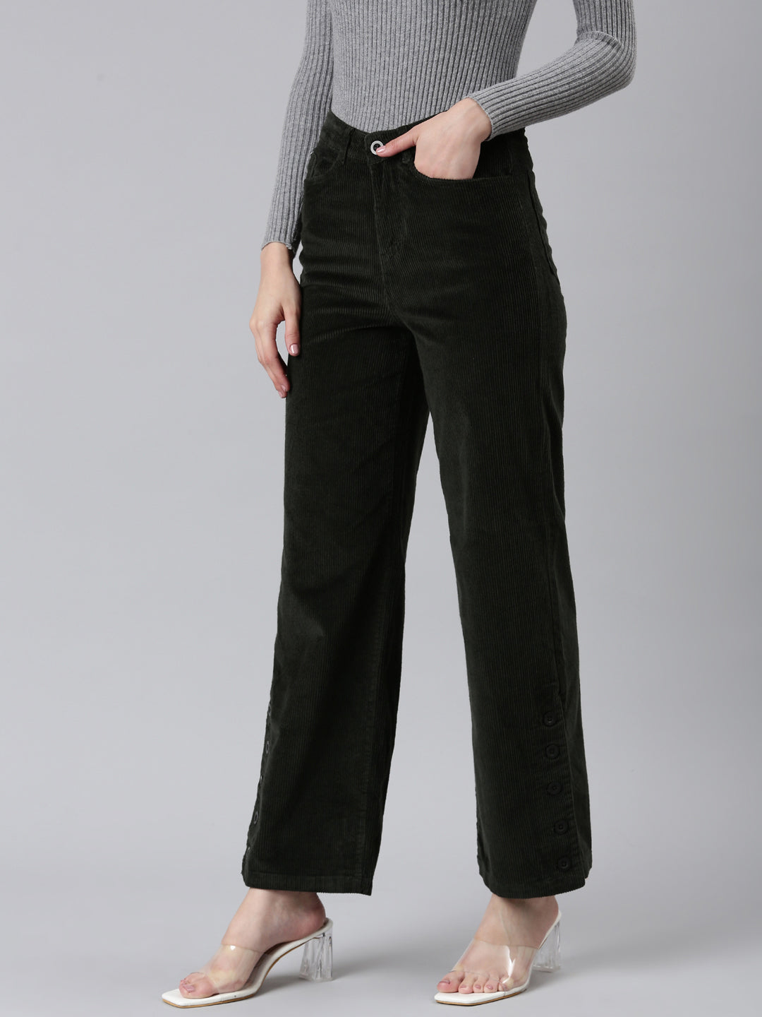 Women's Olive Straight Fit High-Rise Trousers