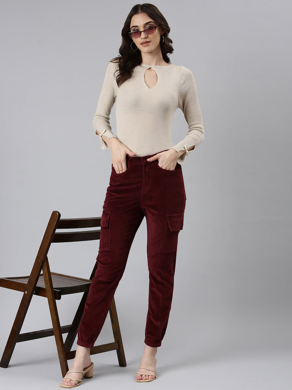 Women's Burgandy Slim Fit High-Rise Joggers