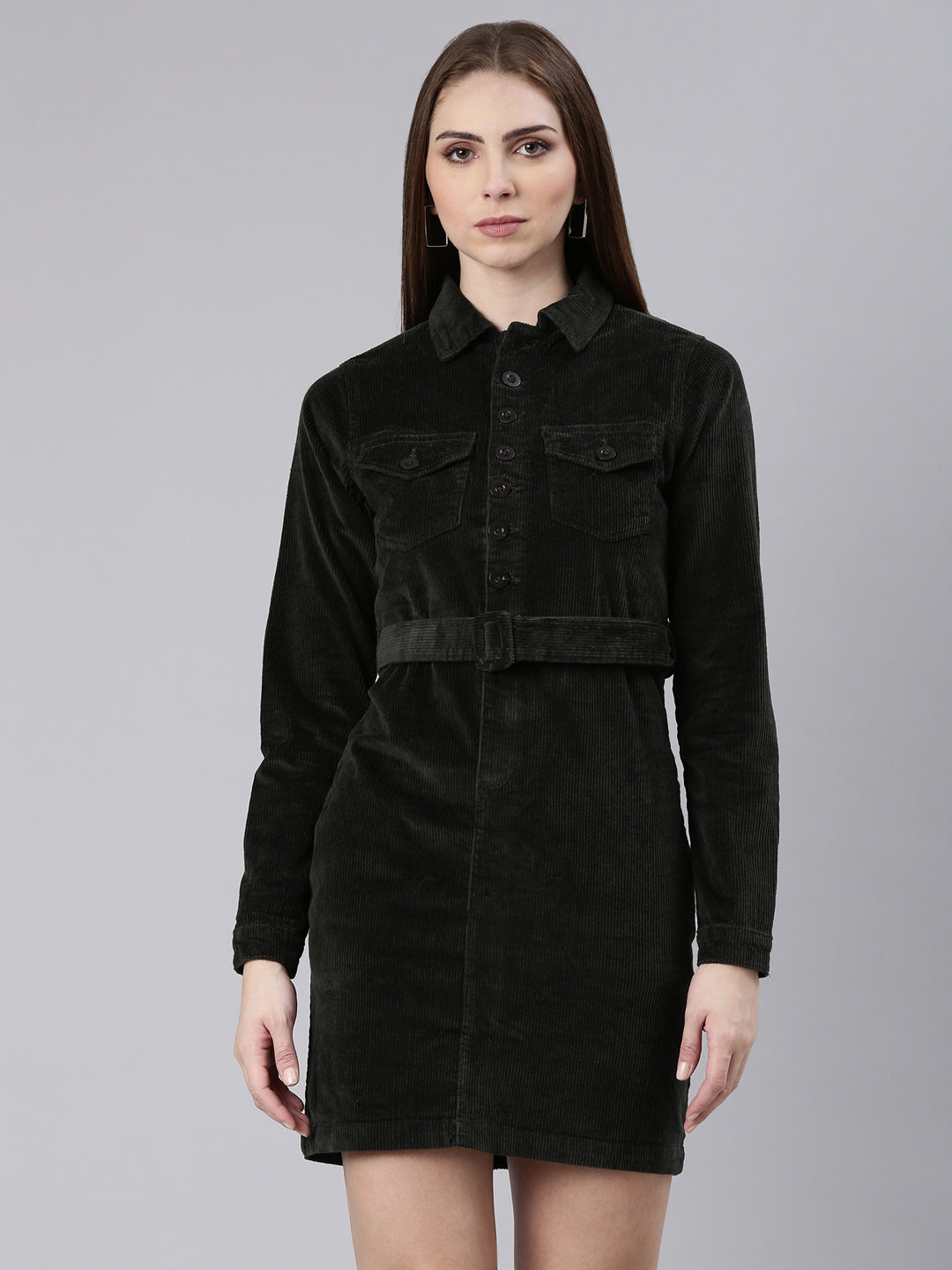 Women's Olive Shirt Collar Cotton Dress