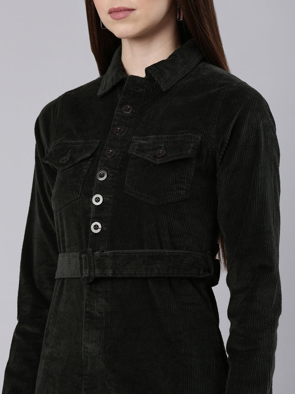 Women's Olive Shirt Collar Cotton Dress