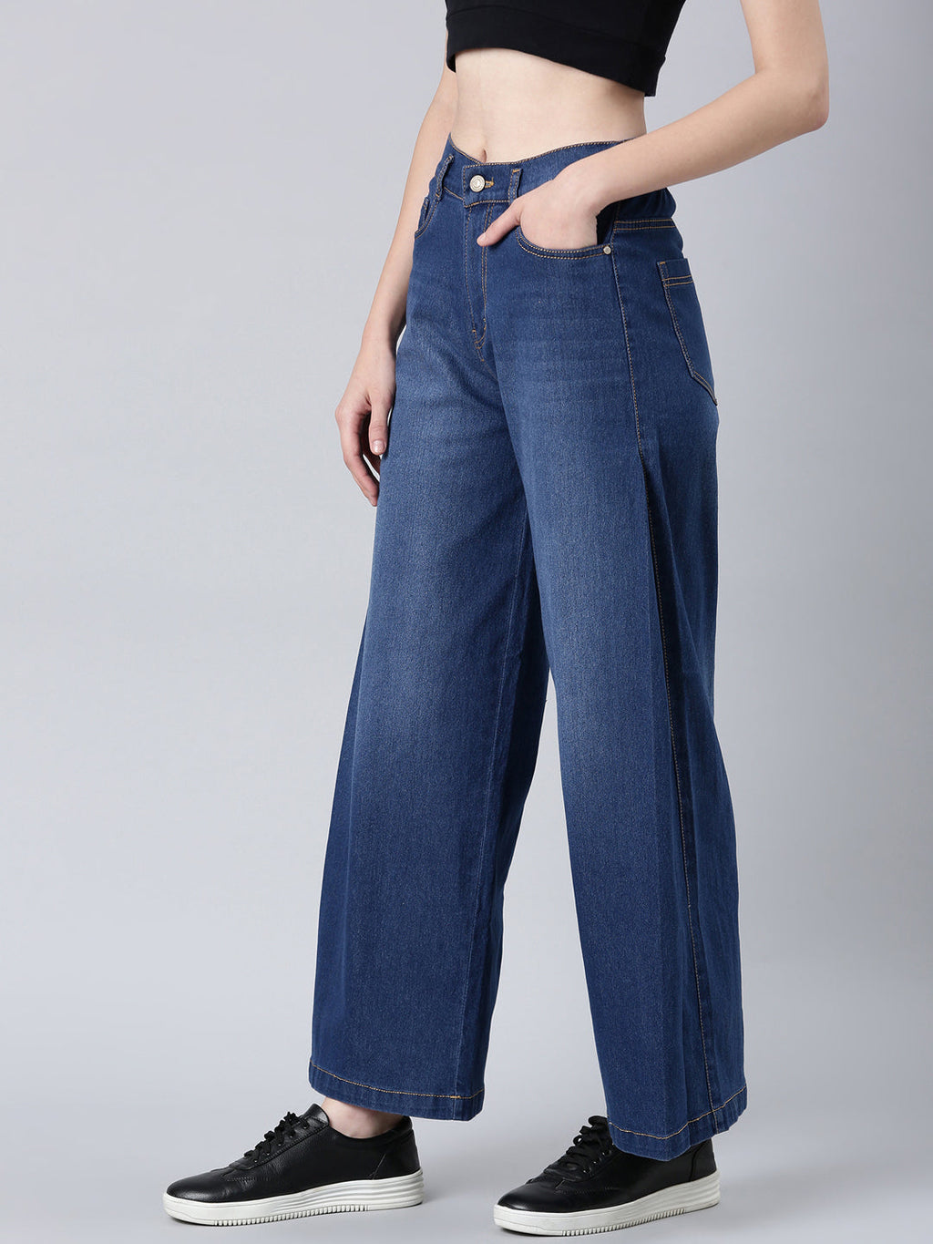 Women's Navy Blue Wide Leg Light Fade Denim Jeans