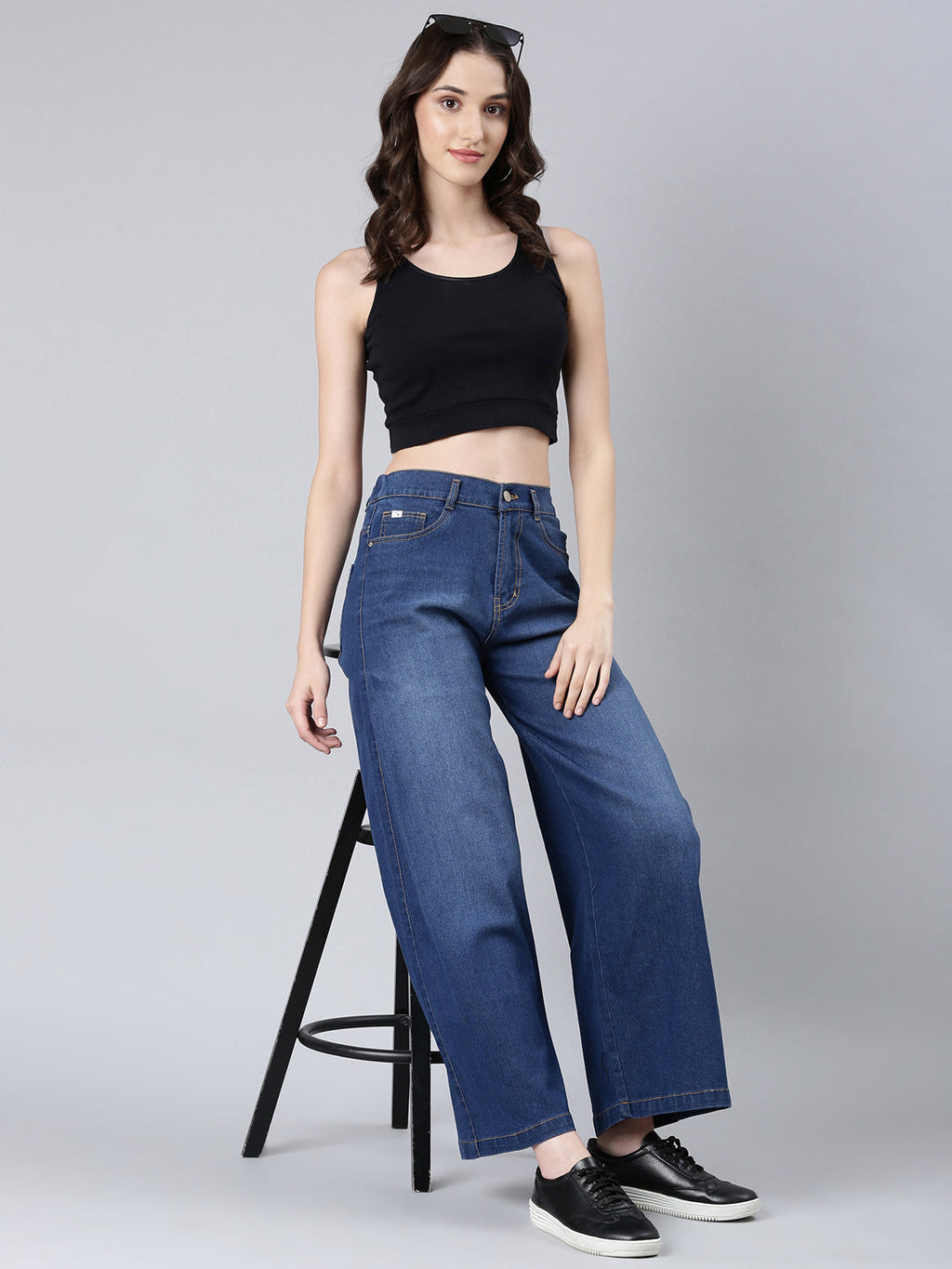 Women's Navy Blue Wide Leg Light Fade Denim Jeans