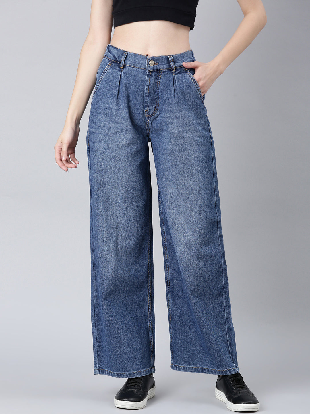 Women's Blue Wide Leg Light Fade Stretchable Denim Jeans