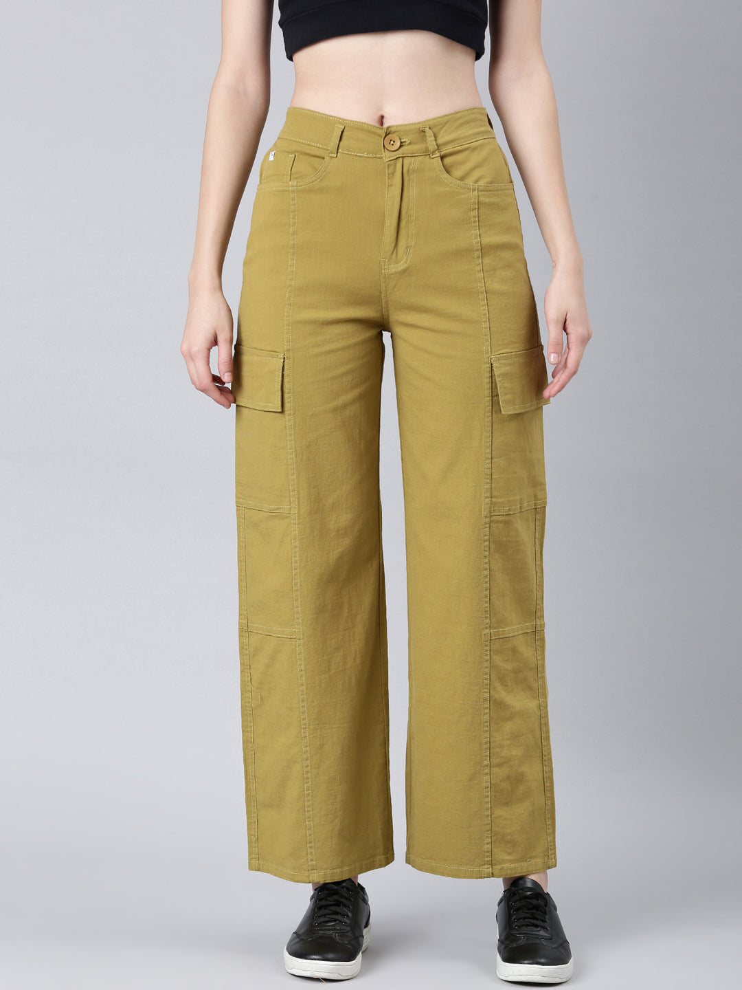 Women's Khaki Wide Leg Denim Cargo Jeans