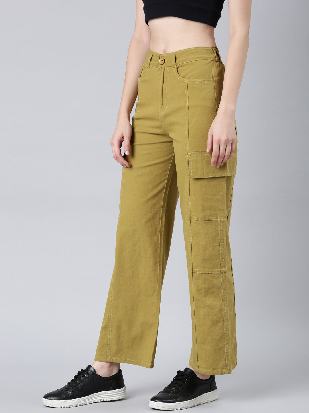 Women's Khaki Wide Leg Denim Cargo Jeans