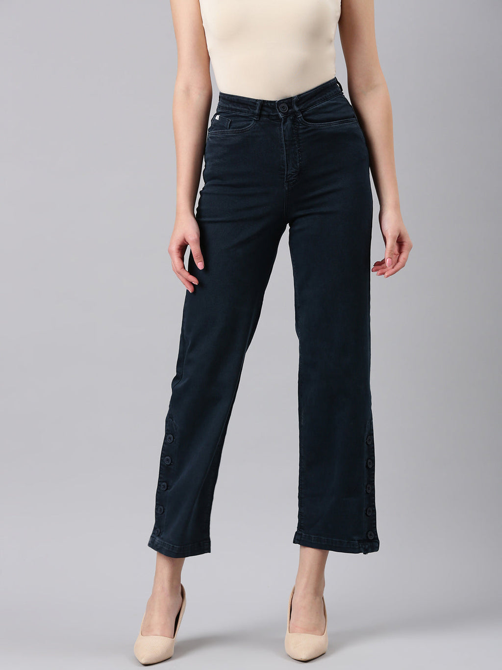 Women's Navy Blue Mid Rise Clean Look Straight Fit Denim Jeans