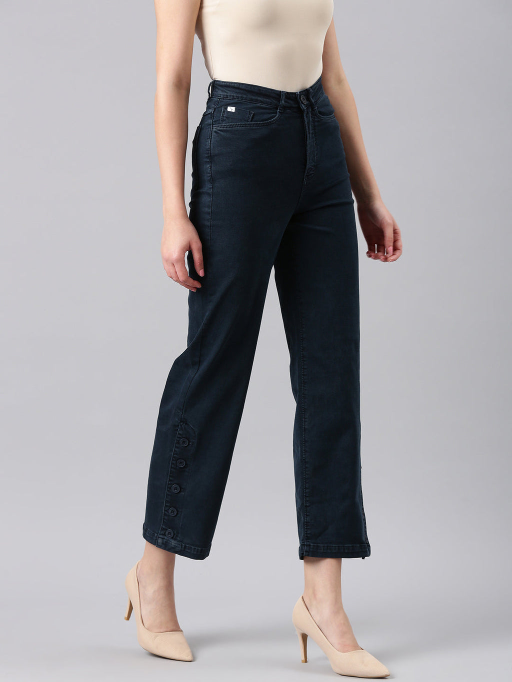 Women's Navy Blue Mid Rise Clean Look Straight Fit Denim Jeans