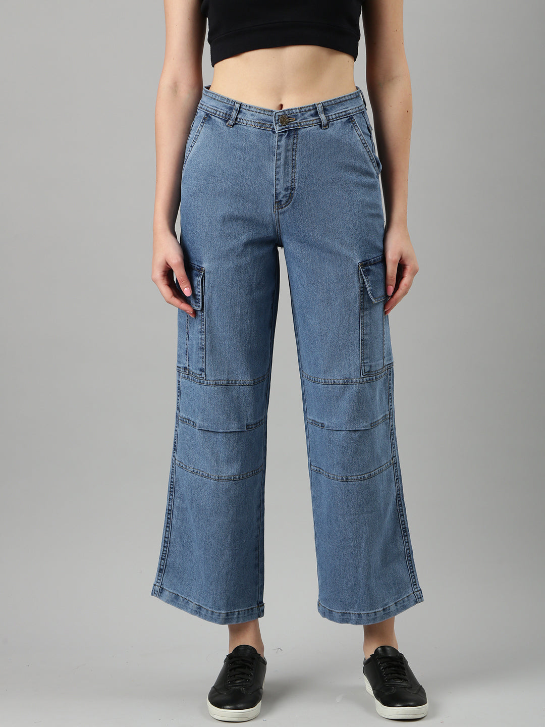 Women's Blue Wide Leg Fit Acid Wash Denim Cargo Jeans