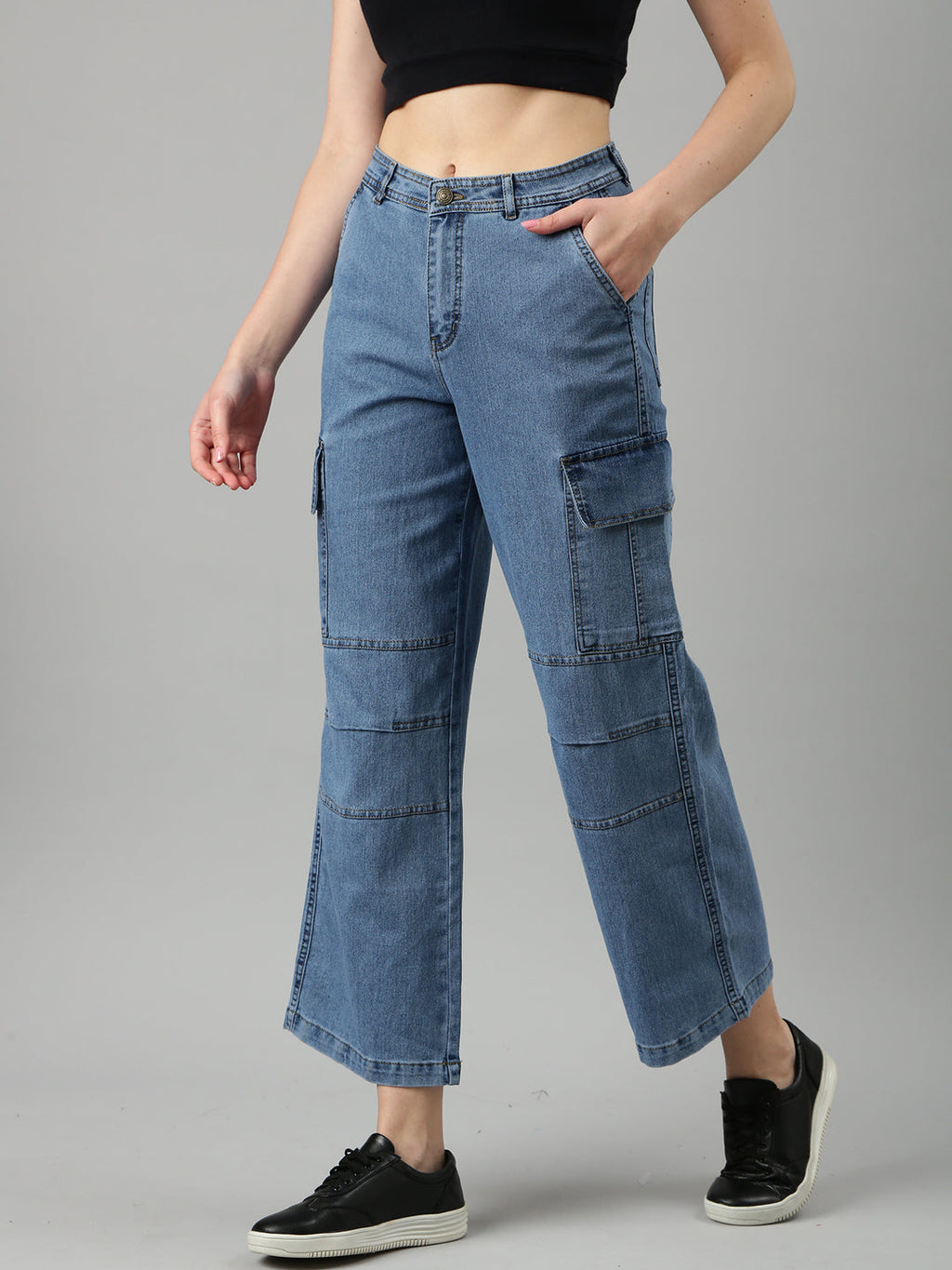 Women's Blue Wide Leg Fit Acid Wash Denim Cargo Jeans