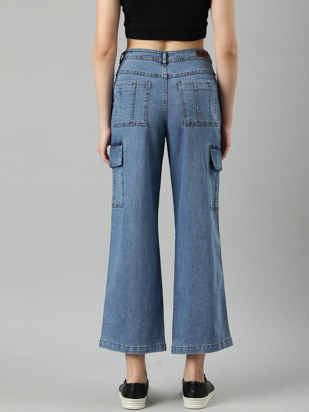 Women's Blue Wide Leg Fit Acid Wash Denim Cargo Jeans