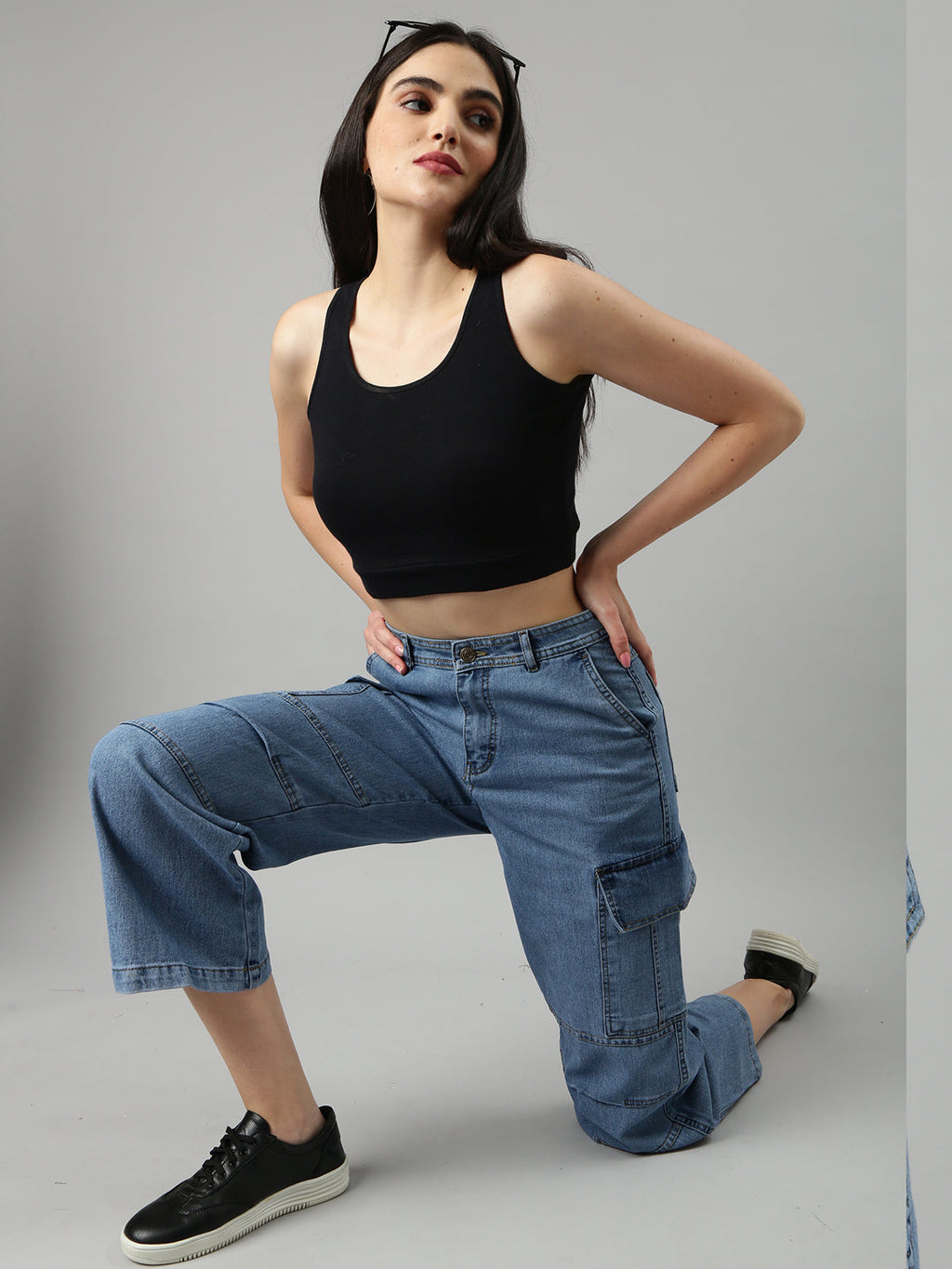 Women's Blue Wide Leg Fit Acid Wash Denim Cargo Jeans