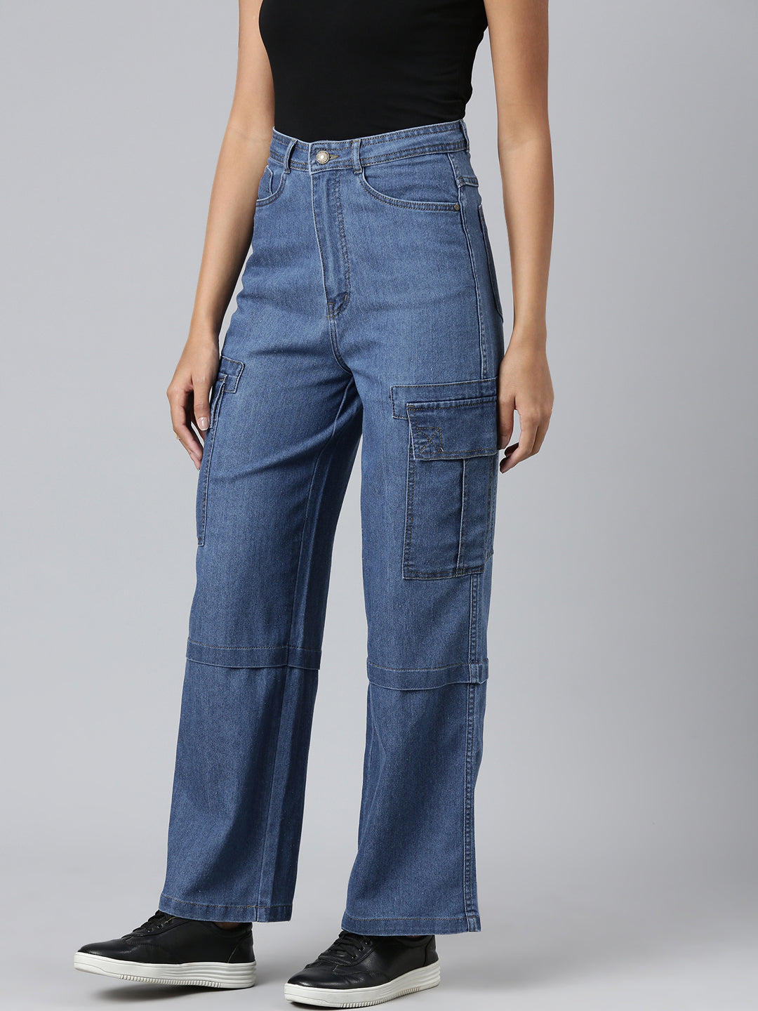 Women's Blue Wide Leg Acid Wash Denim Stretchable Jeans