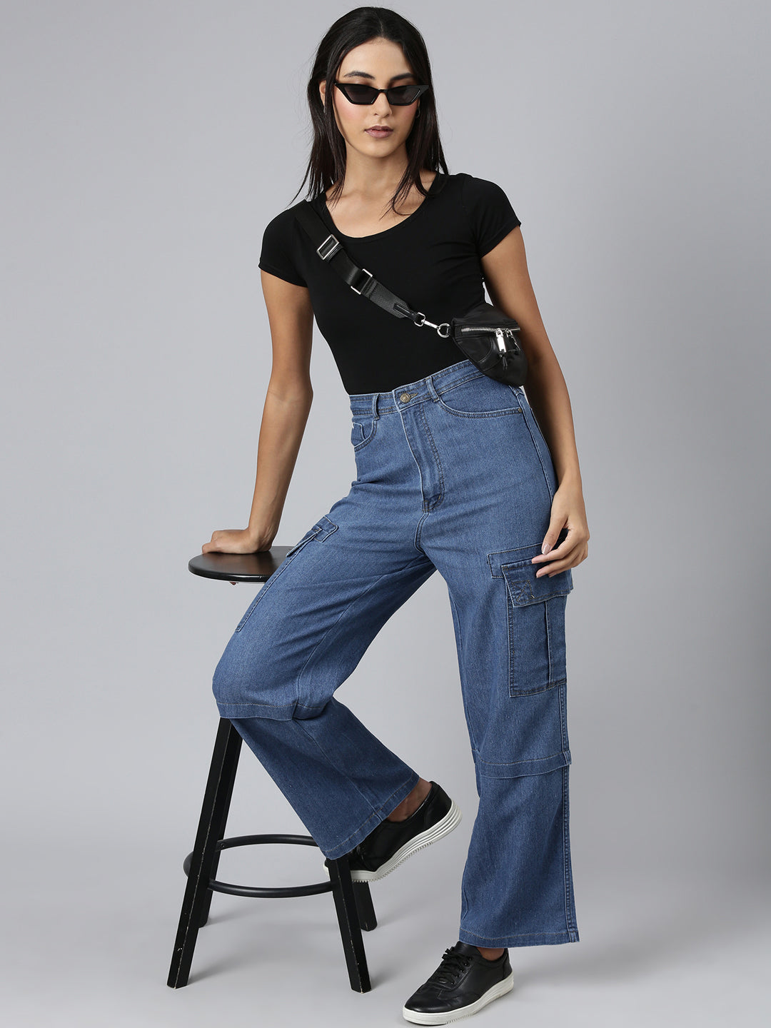 Women's Blue Wide Leg Acid Wash Denim Stretchable Jeans