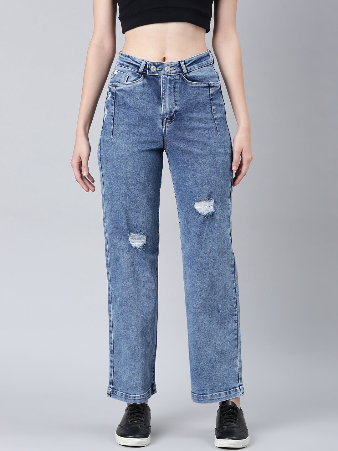 Women's Blue Wide Leg Heavy Fade Acid Wash Denim Jeans