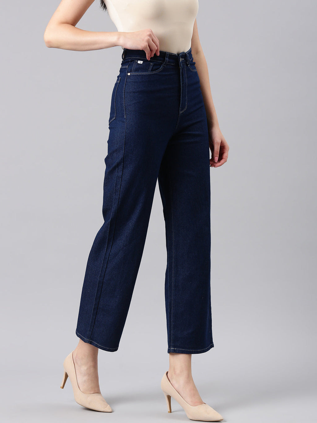 Women's Navy Blue Straight Fit Mid Rise Cropped Denim Jeans