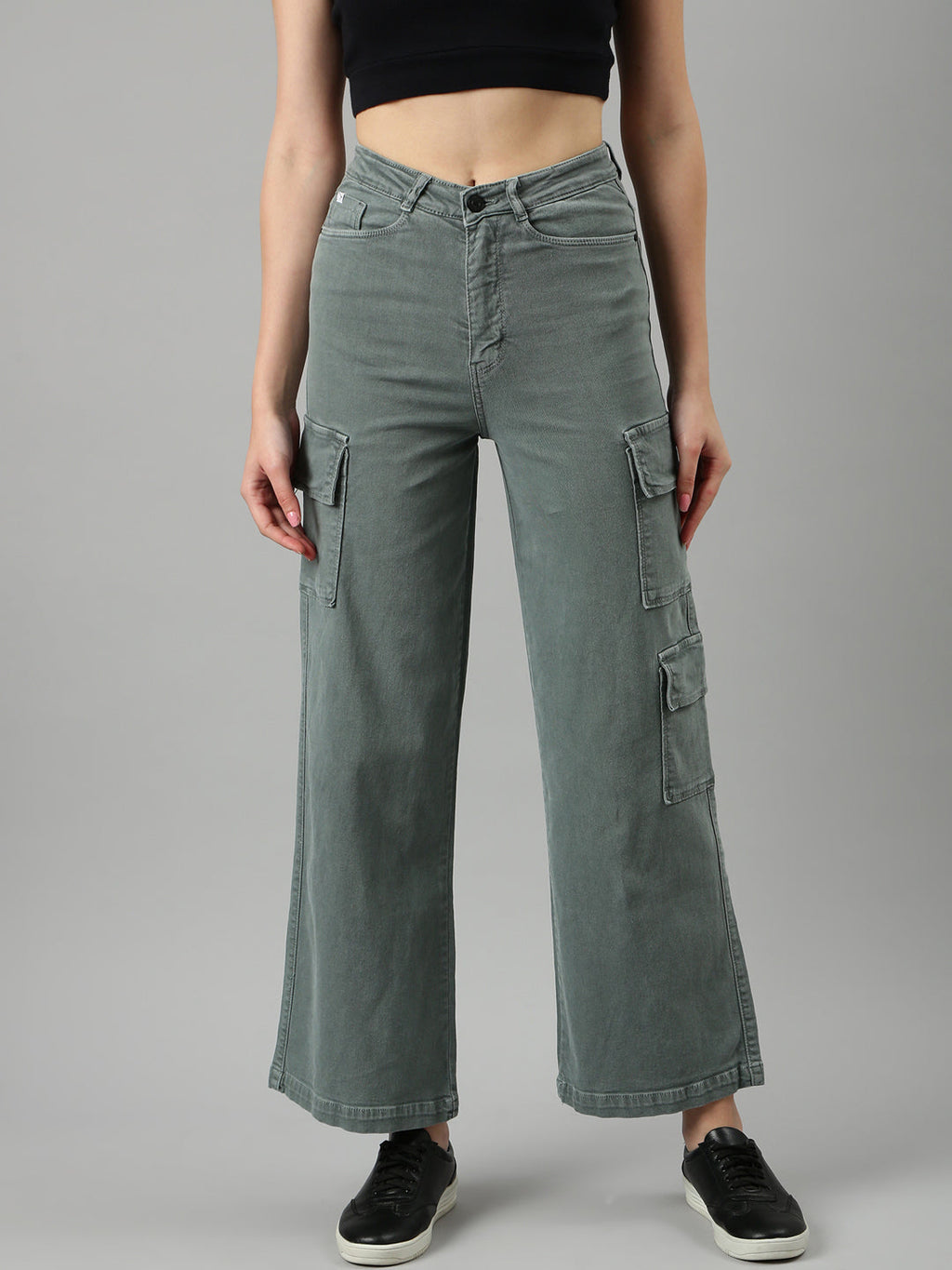 Women's Olive Wide Leg Stretchable Denim Jeans