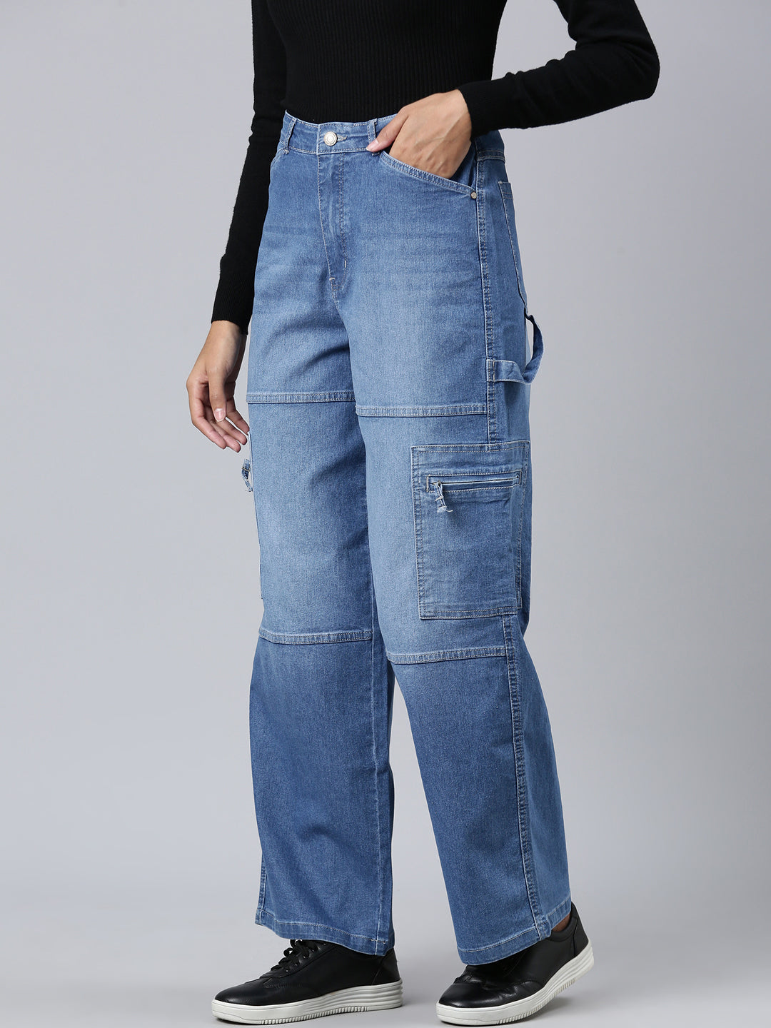 Women's Blue Wide Leg Light Fade Denim Cargo Jeans
