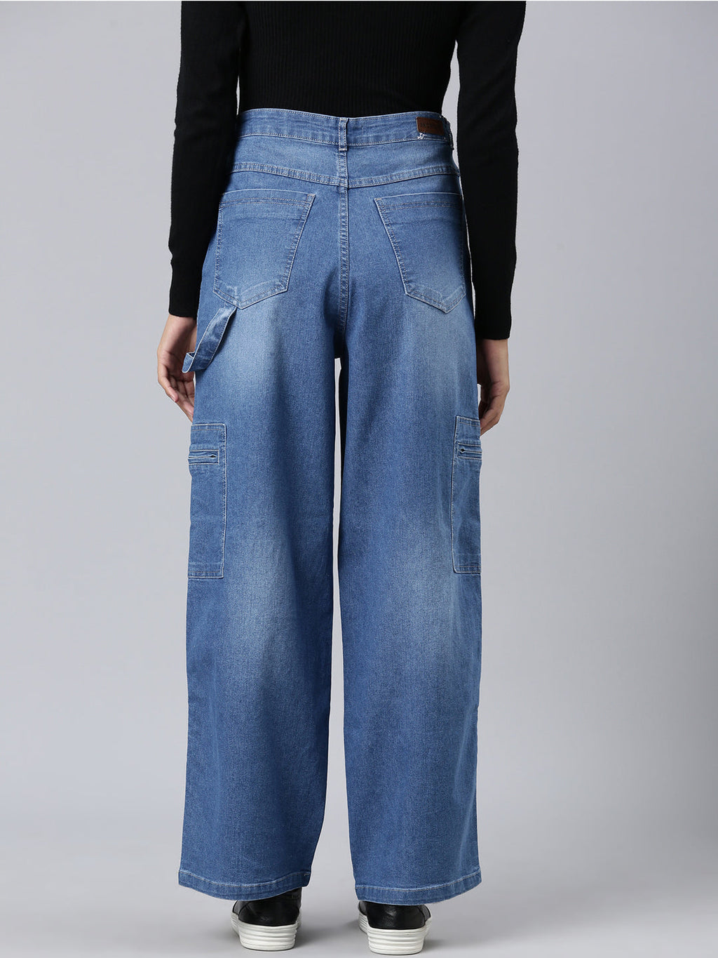 Women's Blue Wide Leg Light Fade Denim Cargo Jeans