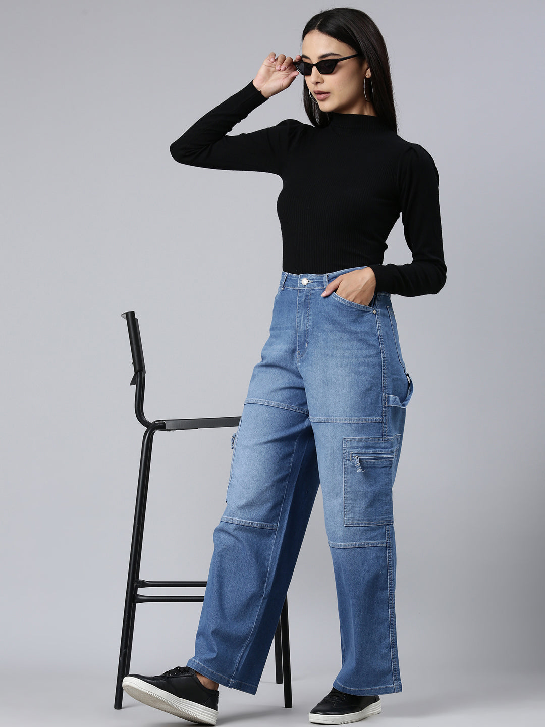 Women's Blue Wide Leg Light Fade Denim Cargo Jeans