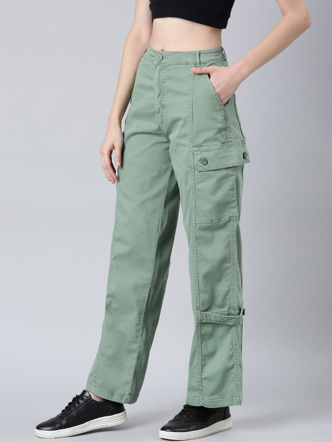 Women's Green Mid Rise Wide Leg Denim Jeans