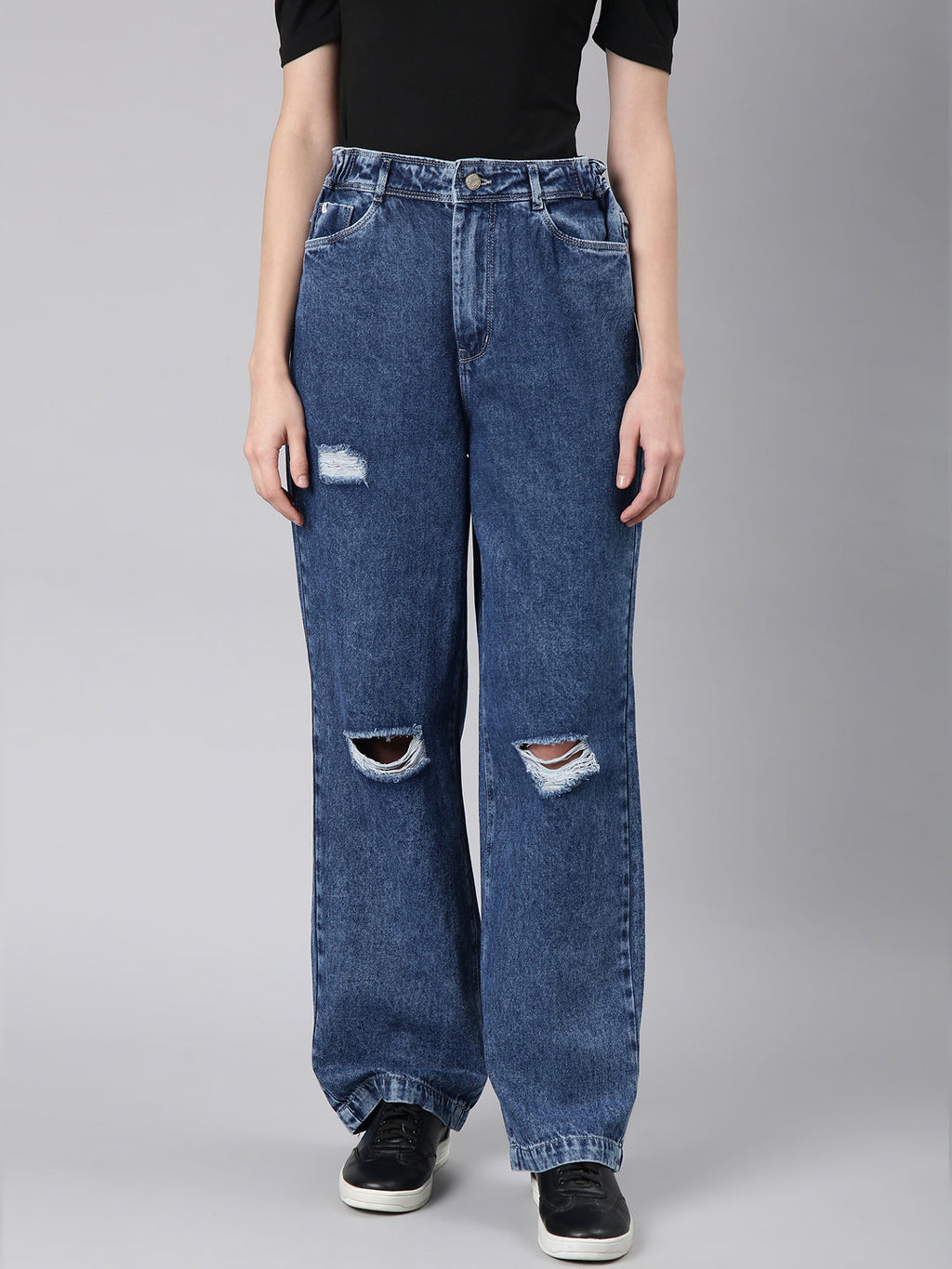 Women's Blue Slash Knee Stretchable Wide Leg Denim Jeans