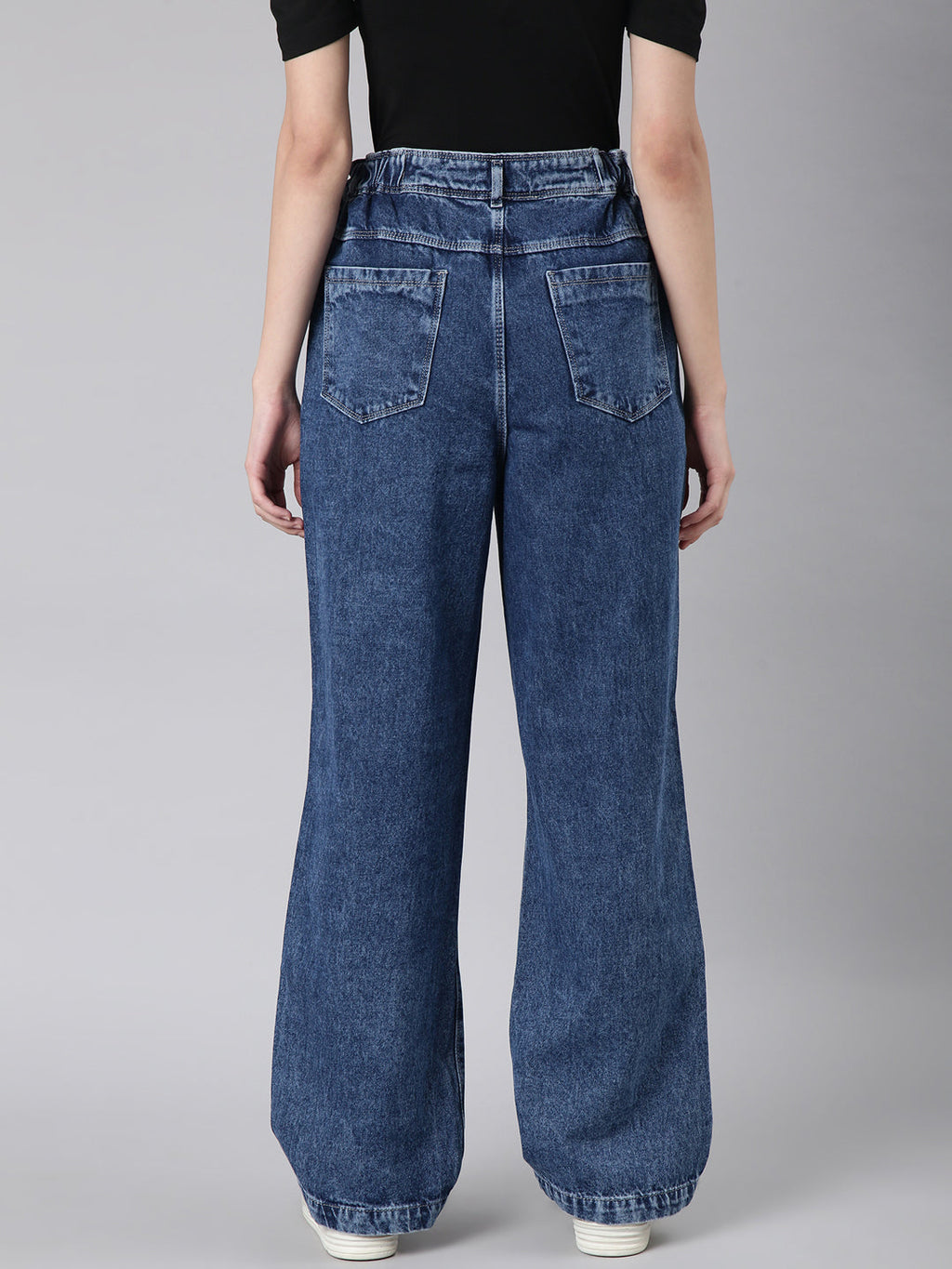 Women's Blue Slash Knee Stretchable Wide Leg Denim Jeans