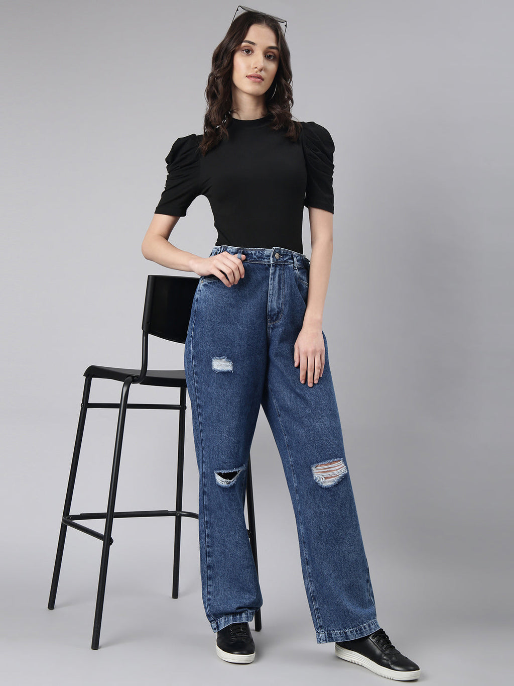 Women's Blue Slash Knee Stretchable Wide Leg Denim Jeans