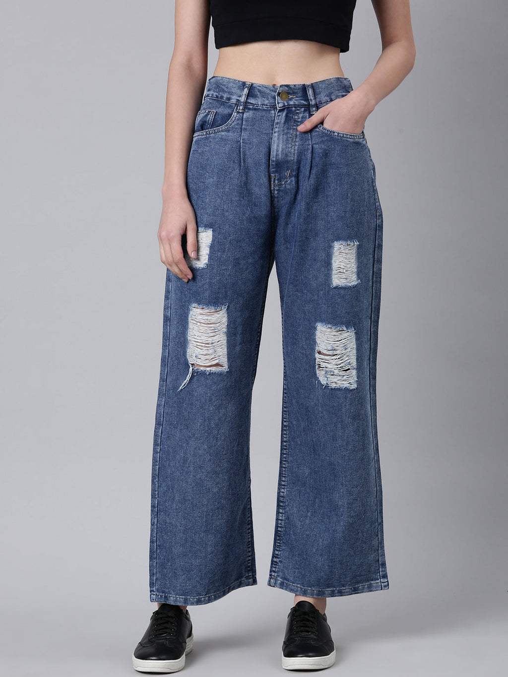Women's Blue Solid Wide Leg Acid Wash Denim Jeans