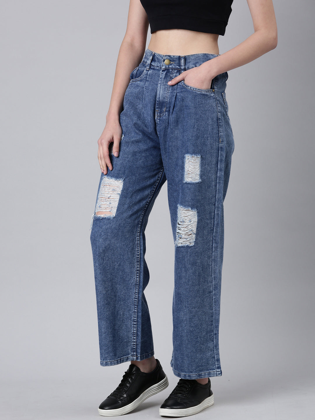 Women's Blue Solid Wide Leg Acid Wash Denim Jeans