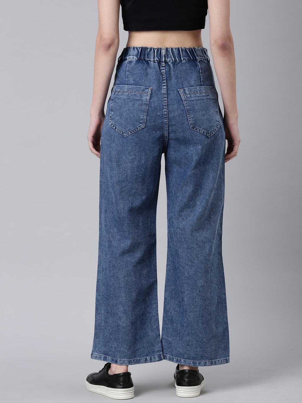 Women's Blue Solid Wide Leg Acid Wash Denim Jeans