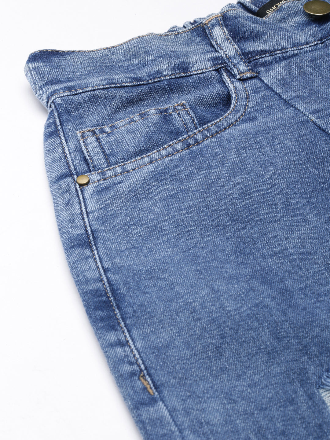 Women's Blue Solid Wide Leg Acid Wash Denim Jeans