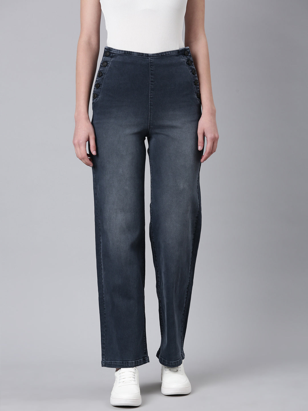 Women's Grey Straight Fit Mid-Rise Light Fade Acid Wash Denim Jeans