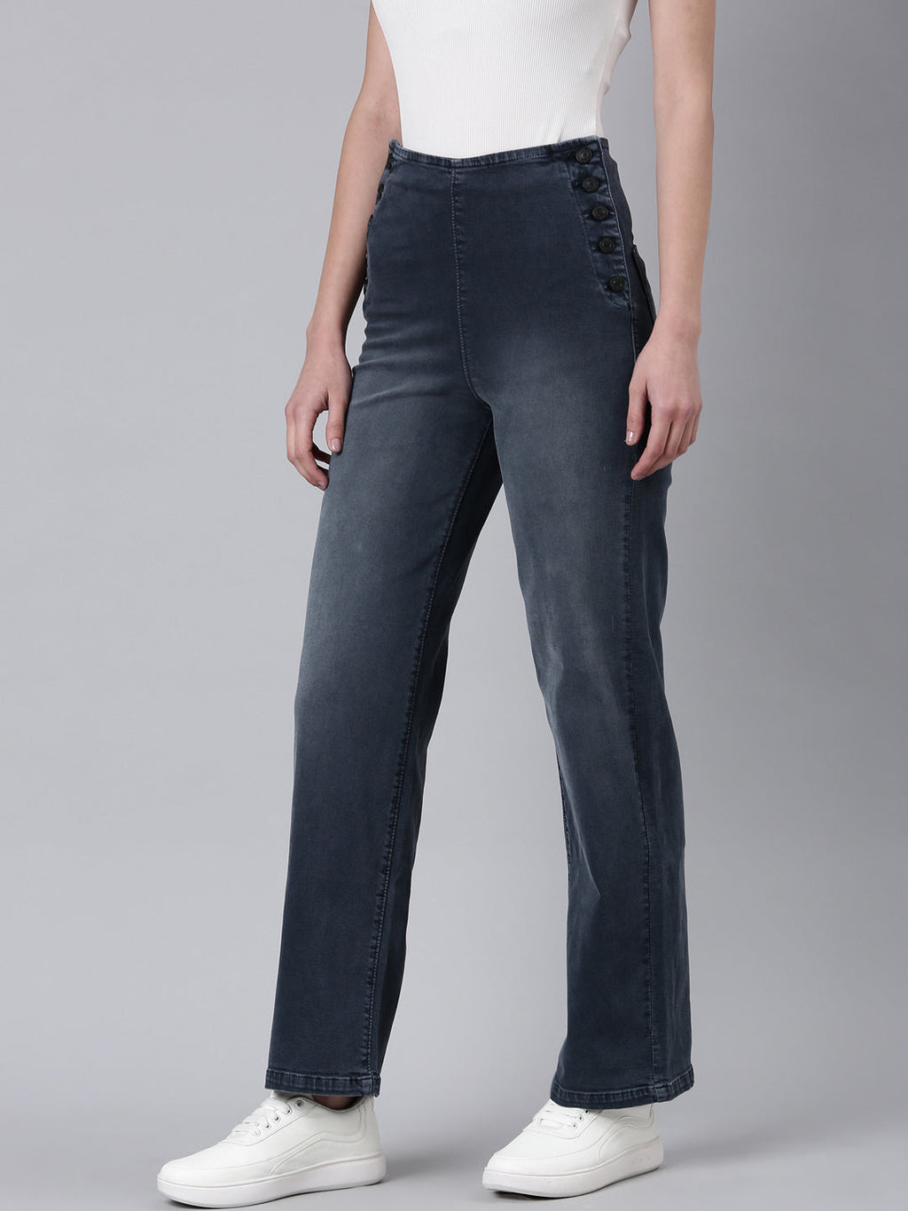 Women's Grey Straight Fit Mid-Rise Light Fade Acid Wash Denim Jeans