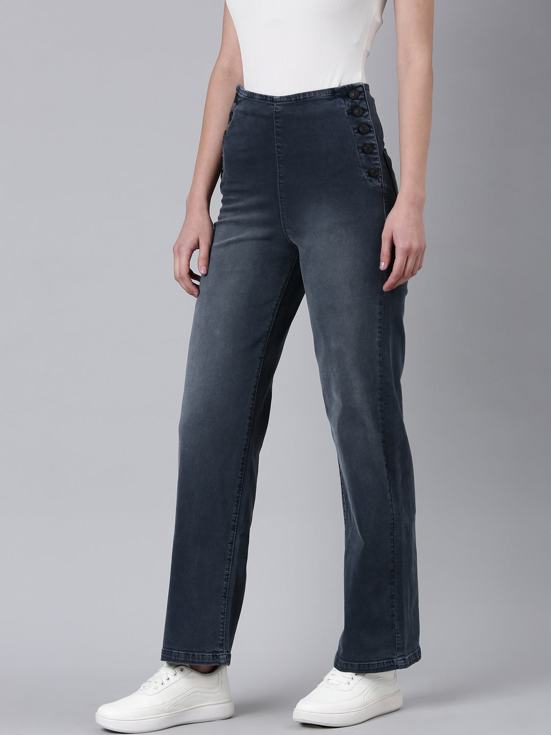 Women's Grey Straight Fit Mid-Rise Light Fade Acid Wash Denim Jeans