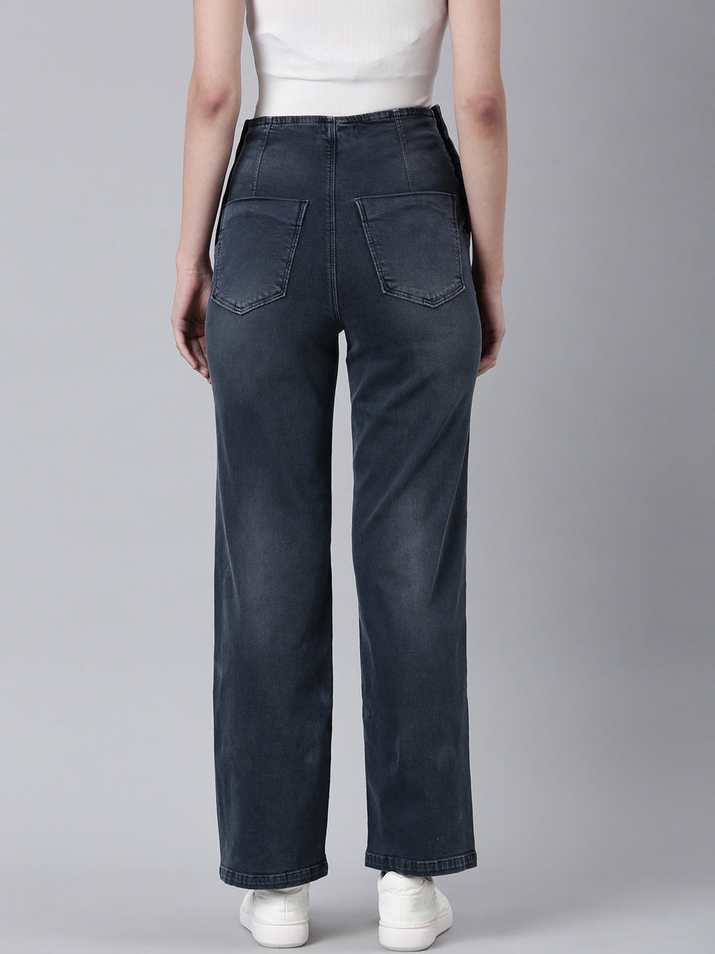 Women's Grey Straight Fit Mid-Rise Light Fade Acid Wash Denim Jeans