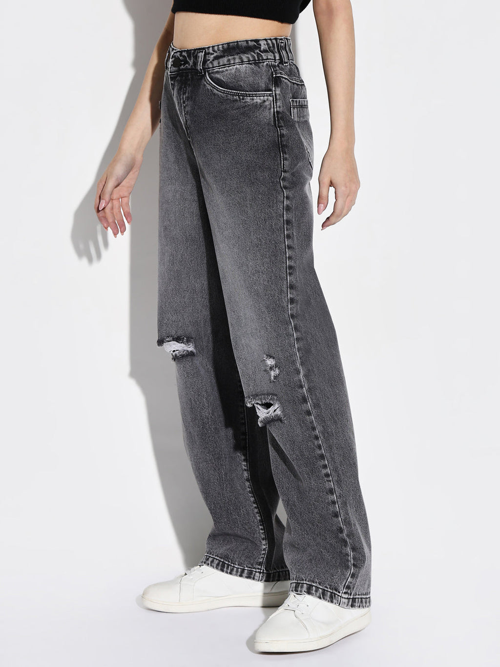 Women's Grey Comfort Wide Leg Slash Knee Heavy Fade Acid Wash Stretchable Jeans