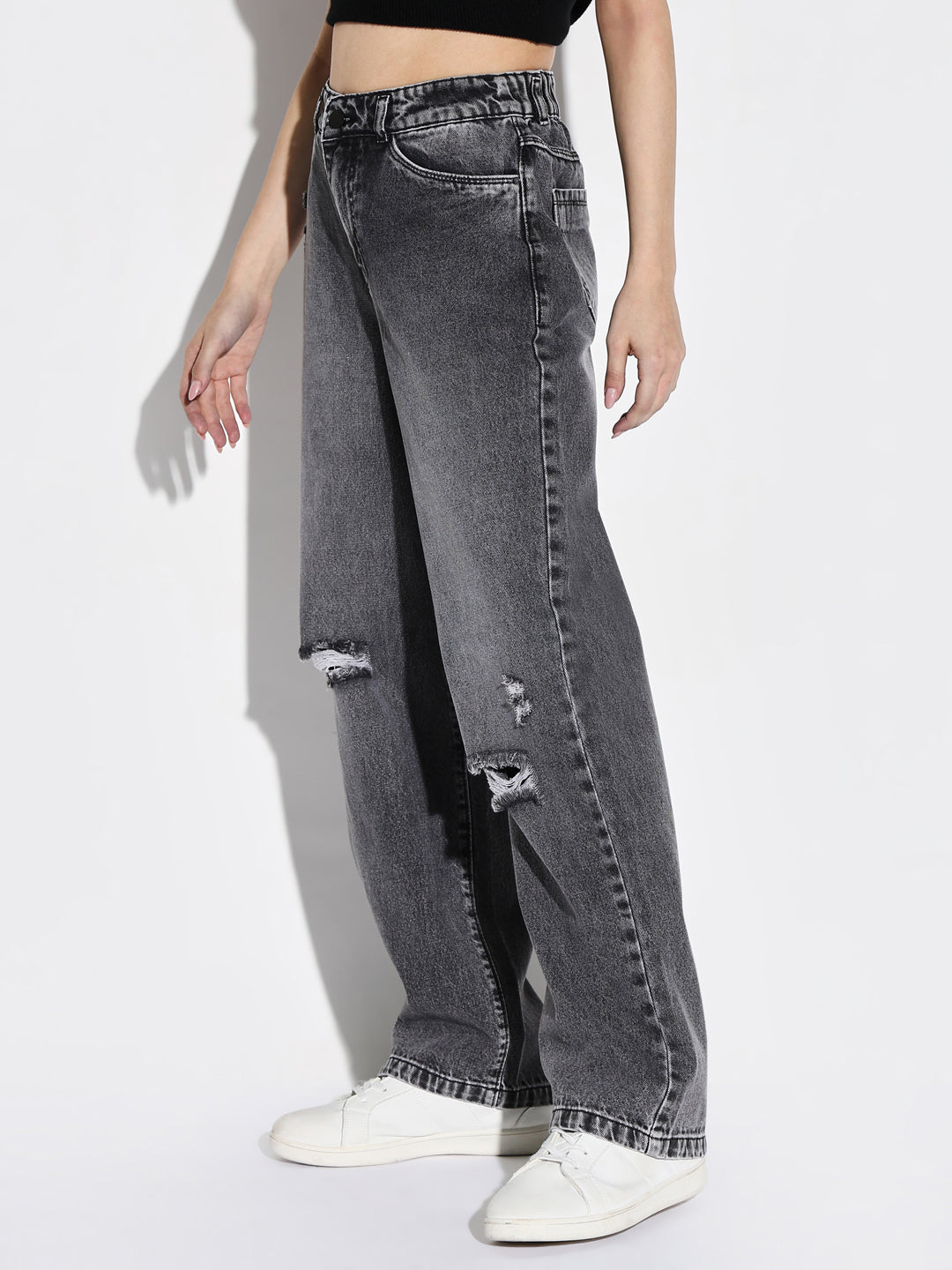 Women's Grey Comfort Wide Leg Slash Knee Heavy Fade Acid Wash Stretchable Jeans