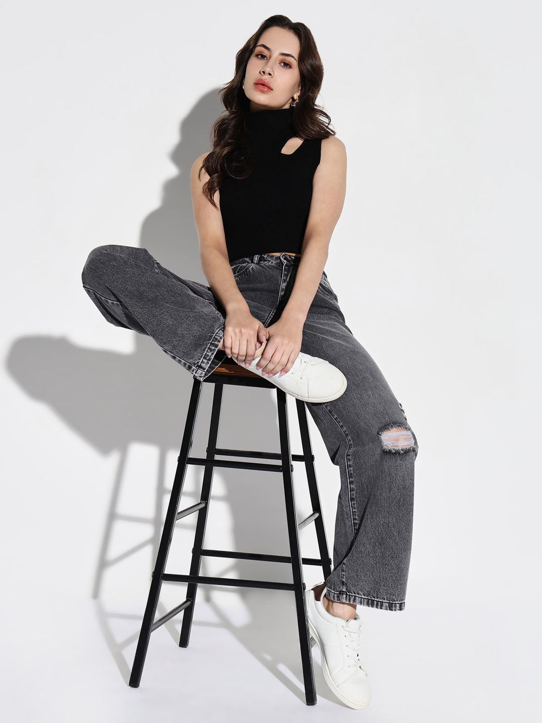 Women's Grey Comfort Wide Leg Slash Knee Heavy Fade Acid Wash Stretchable Jeans