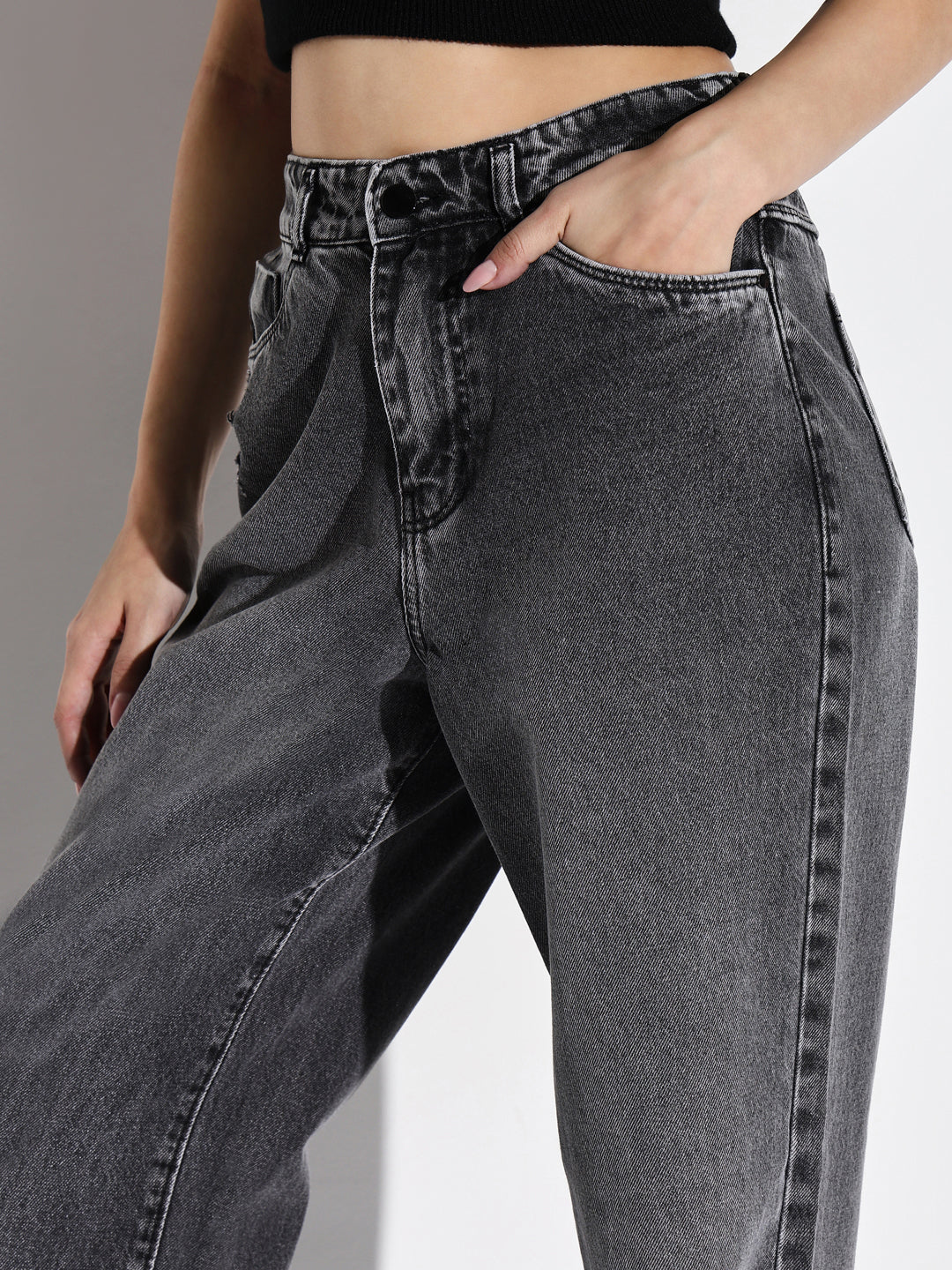 Women's Grey Comfort Wide Leg Slash Knee Heavy Fade Acid Wash Stretchable Jeans