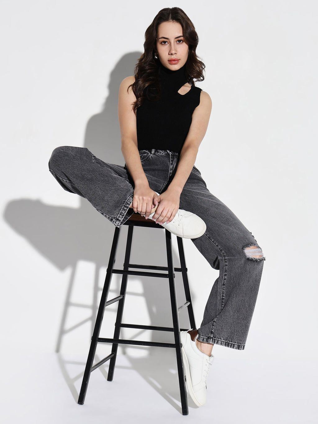 Women's Grey Comfort Wide Leg Slash Knee Heavy Fade Acid Wash Stretchable Jeans