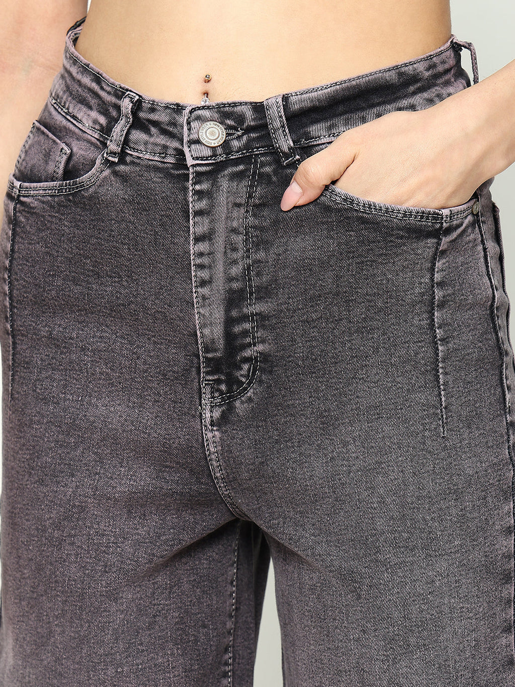 Women's Grey Cotton Mid-Rise Comfort Wide Leg Heavy Fade Jeans