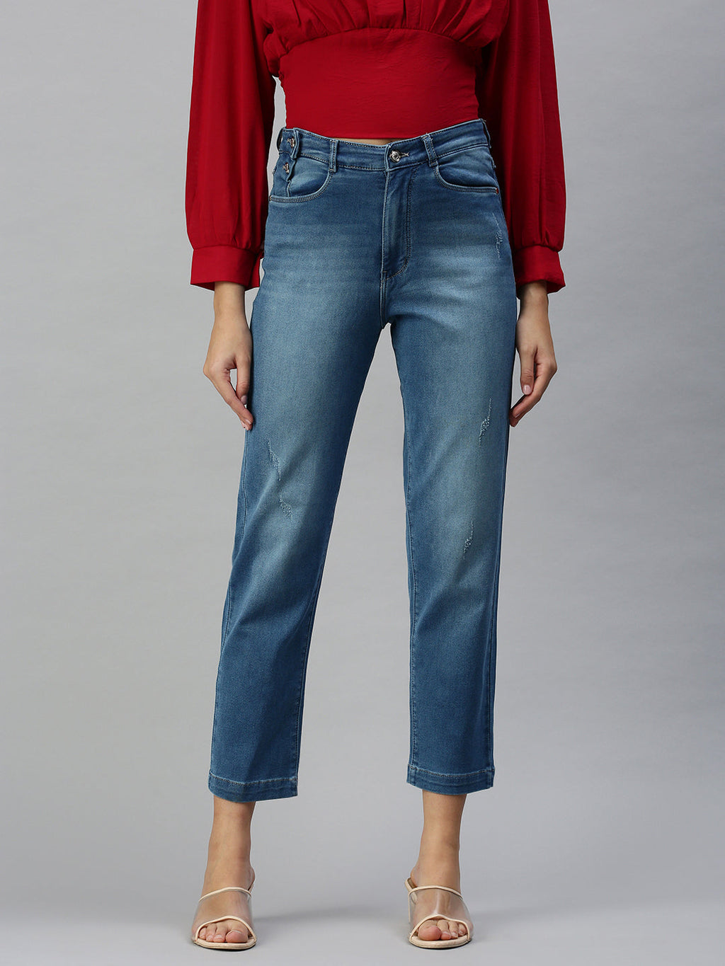 Women's Blue Straight Fit High-Rise Low Distress Light Fade Stretchable Denim Jeans