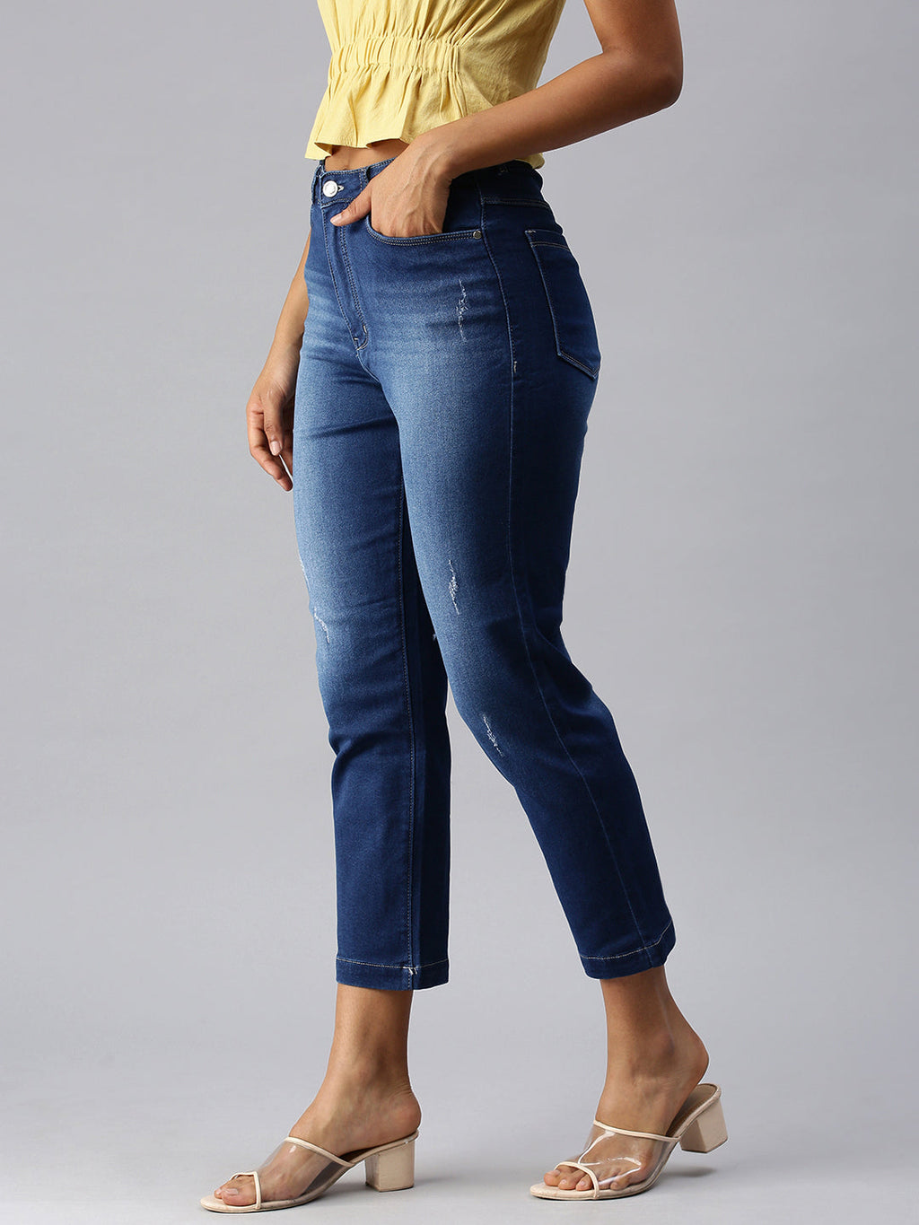 Women's Blue Straight Fit Low Distress Light Fade Jeans