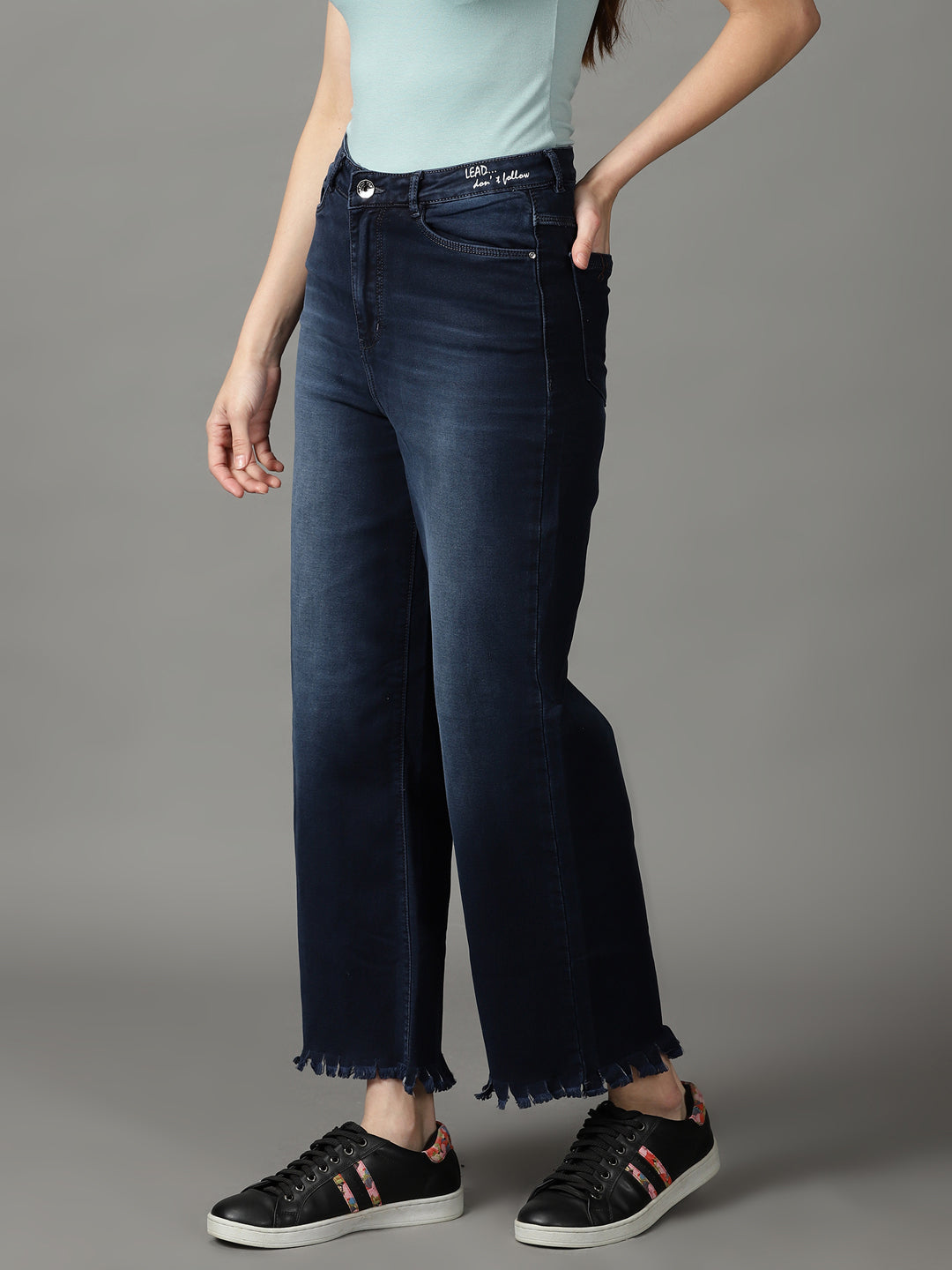 Women's Navy Blue Straight Fit High-Rise Light Fade Stretchable Jeans