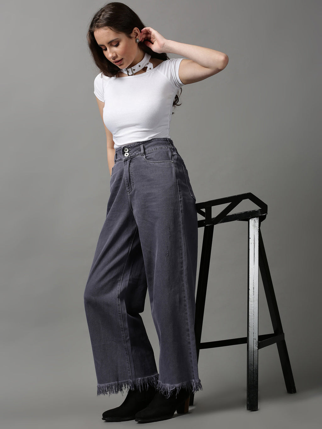 Women's Violet Wide Leg Low Distress Denim Jeans