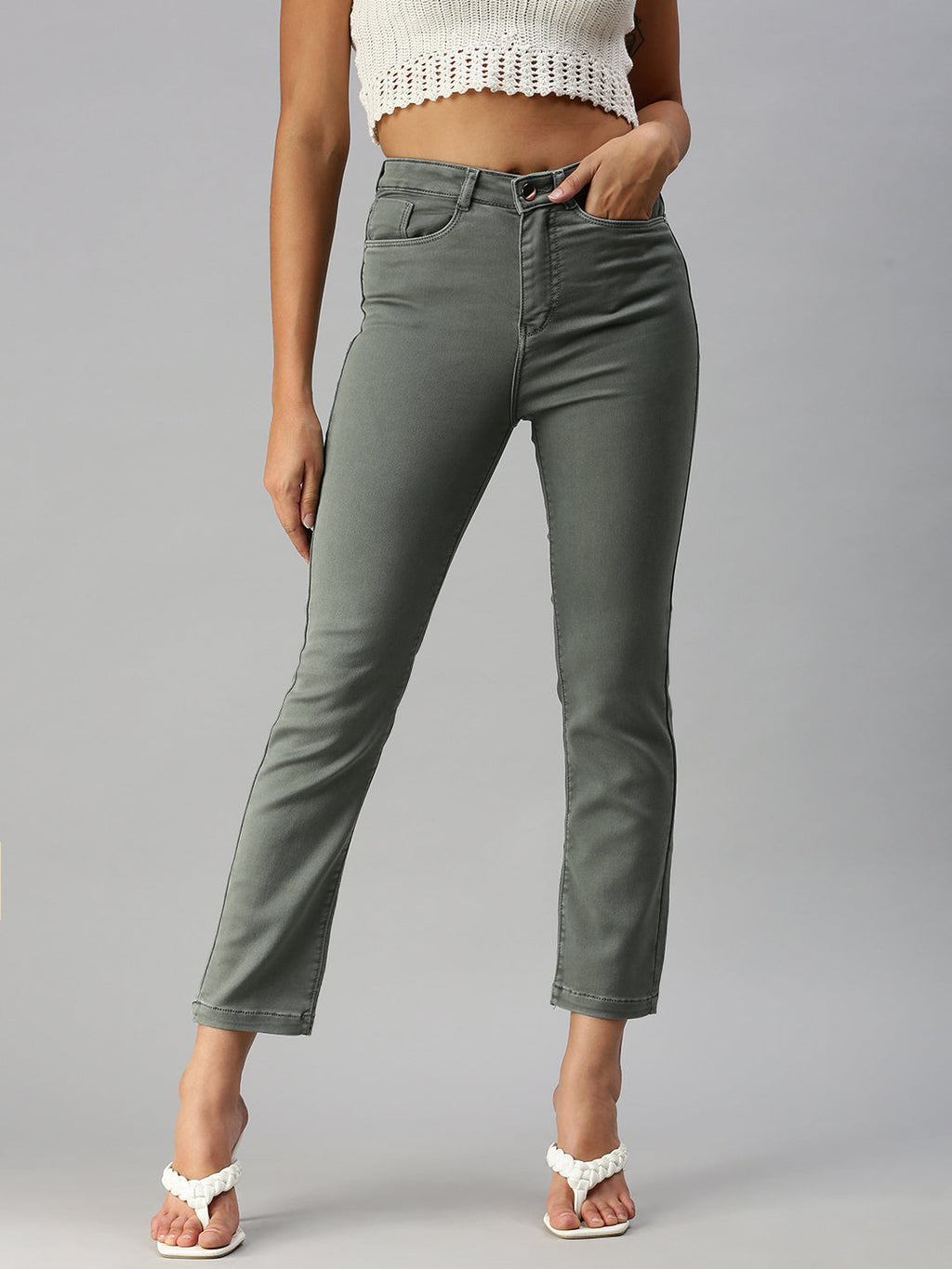 Women's Grey Straight Fit High-Rise Jeans