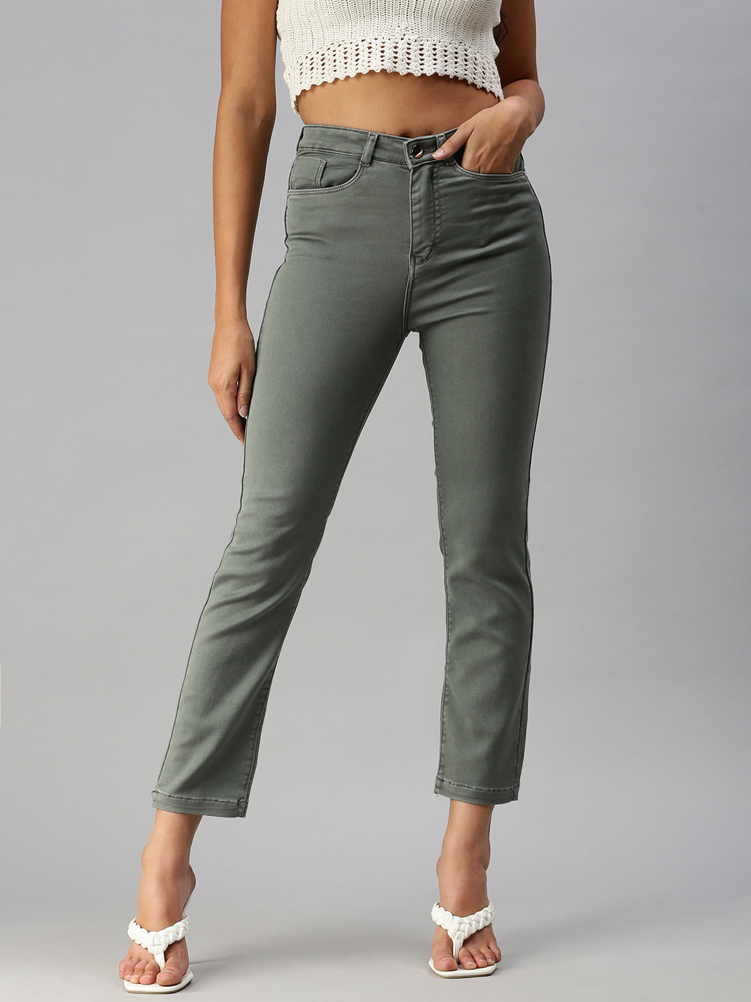 Women's Grey Straight Fit High-Rise Jeans