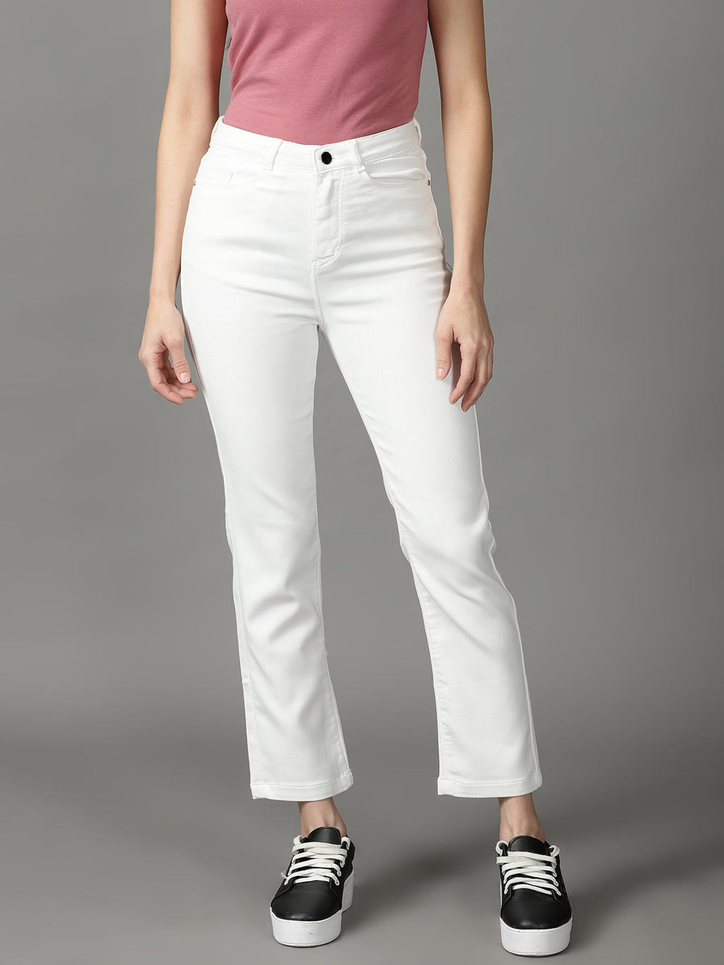 Women's White Relaxed Fit High-Rise Stretchable Jeans