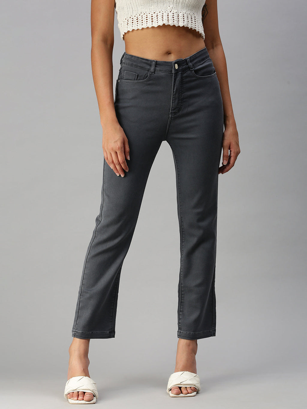 Women's Grey Straight Fit High-Rise Jeans